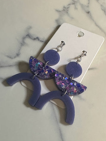 Mixed Shape Dangle Earrings - purple w/ glitter