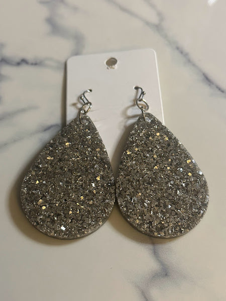 Large Teardrop Dangles - silver crushed glass